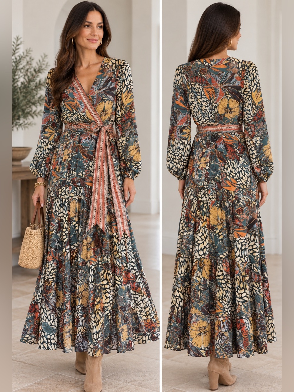 Bohemian Floral Wrap Maxi Dress - Multicolor